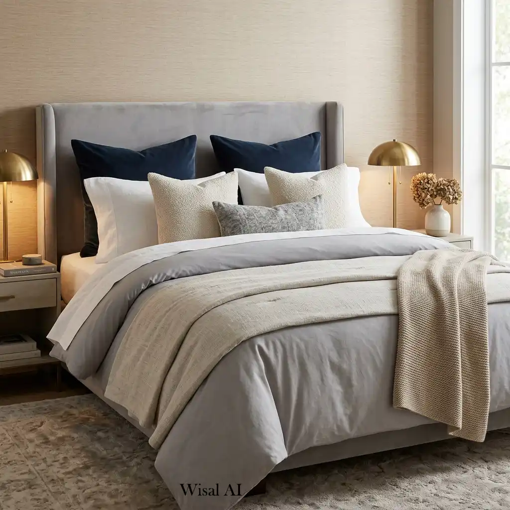 Luxury bedroom featuring layered bedding with soft textures and elegant designer styling.