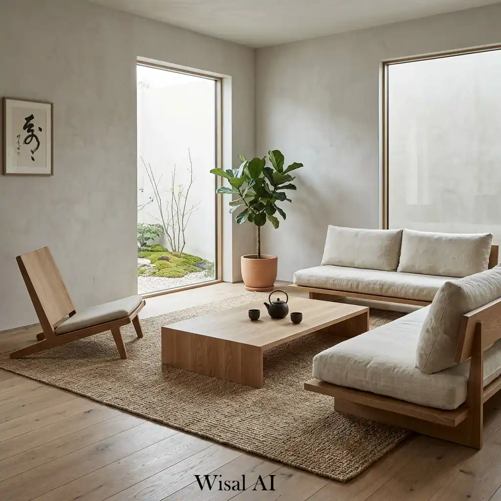 Low wooden furniture Japandi living room minimal calm design