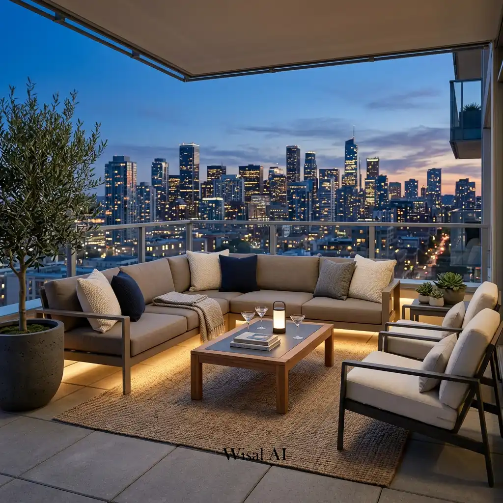 Luxury balcony lounge with comfortable seating overlooking a modern city skyline