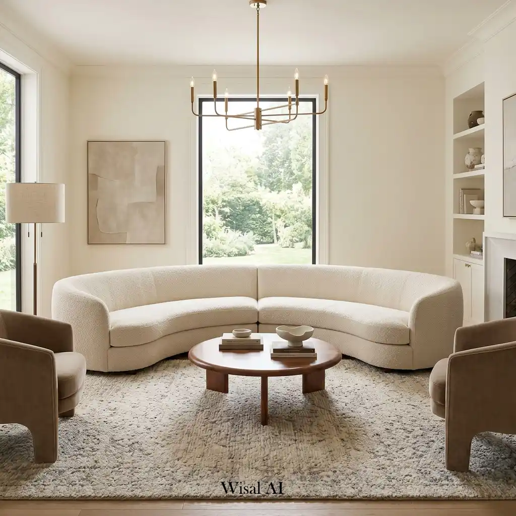 Luxury living room with a curved sofa and warm neutral color palette.