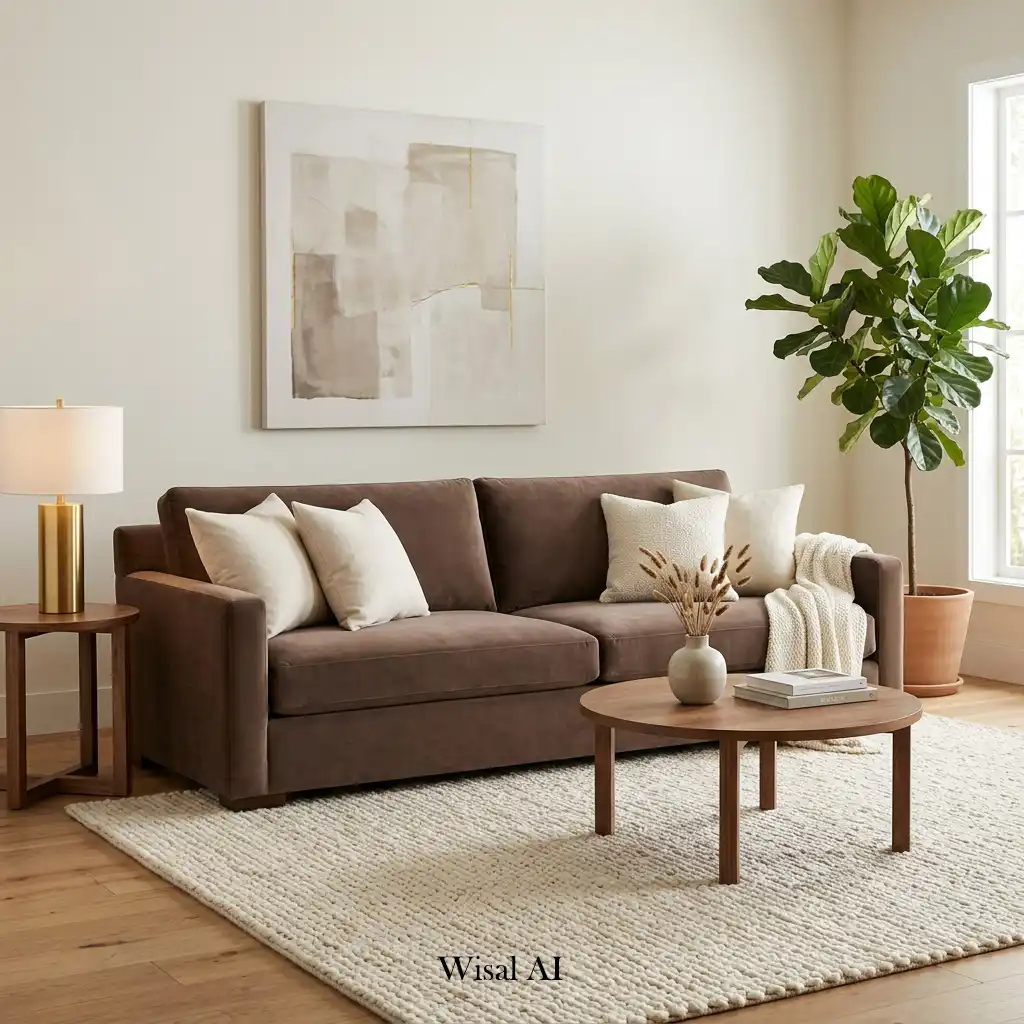 Mocha Mousse sofa styled with cream cushions and walnut wood furniture.