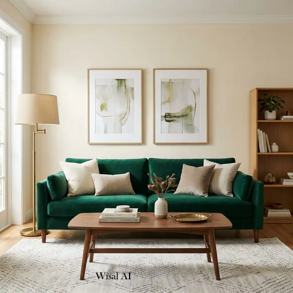 Luxury living room with an emerald green velvet sofa and neutral décor.