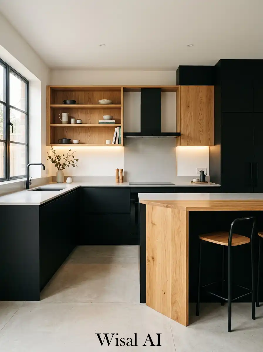Luxury modern kitchen with matte black cabinets natural oak accents and warm minimal interior lighting design.