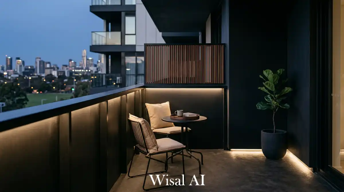 Modern matte black balcony with clean architectural lines and minimal furniture creating a sleek contemporary outdoor space.