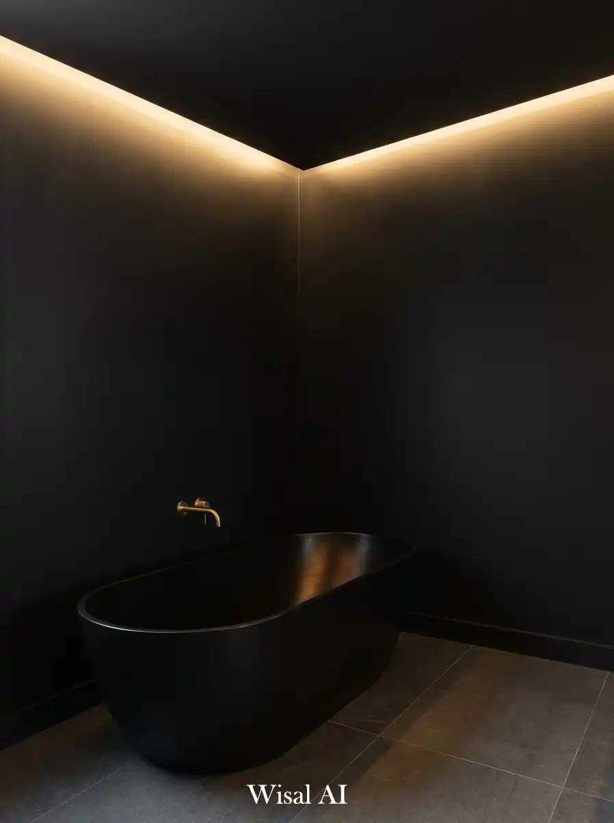 Modern black bathroom with matte walls and warm ambient lighting creating a luxury spa atmosphere.