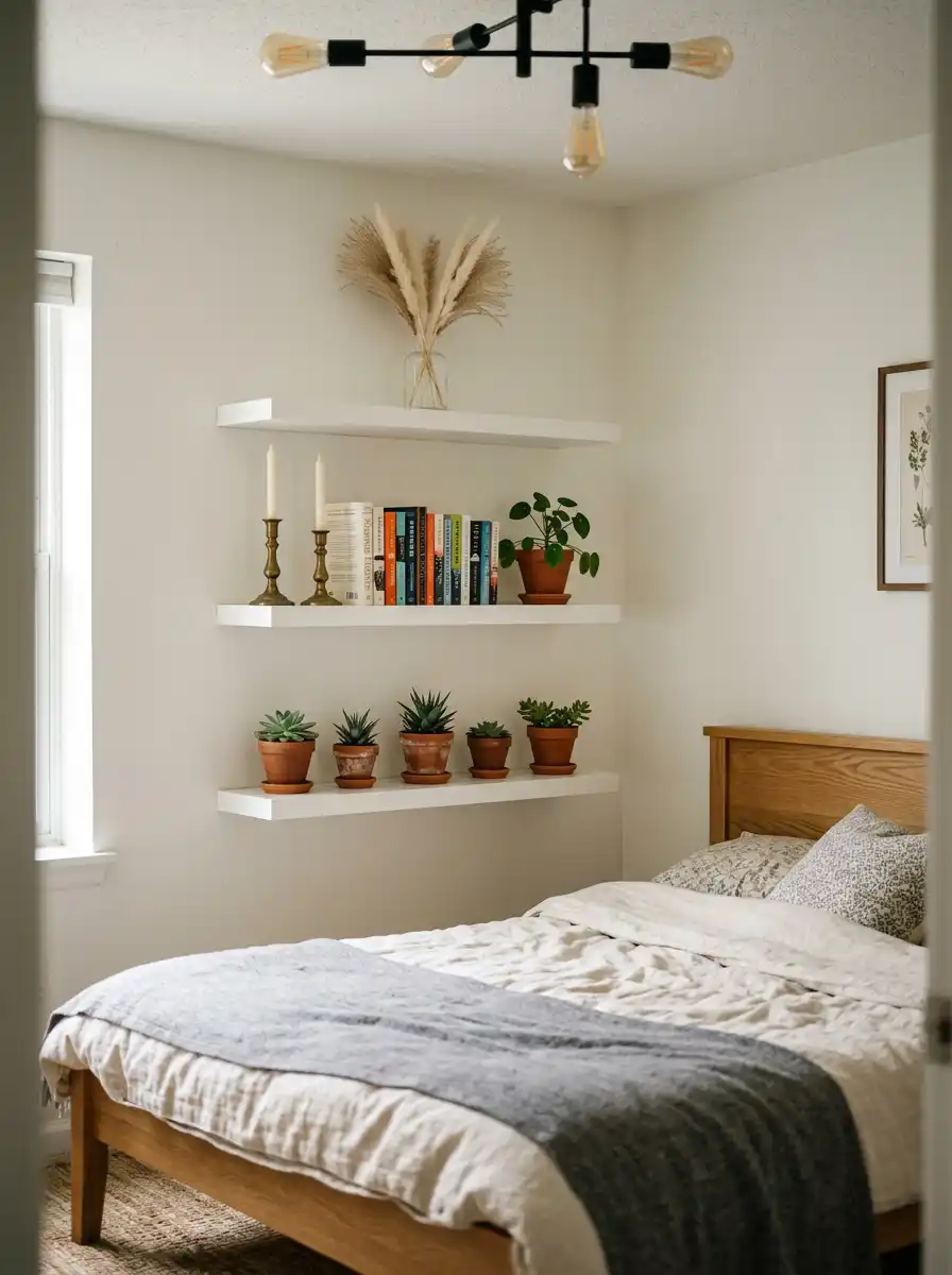 1. Maximize Vertical Space with Floating Shelves: A Small Bedroom Idea