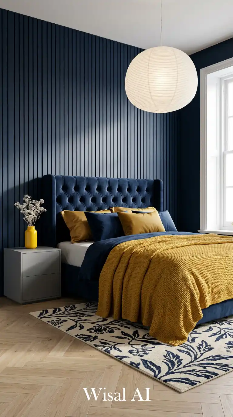 1. Midnight Azure and Ochre Bliss: A Bold Blue and Yellow Bedroom Idea