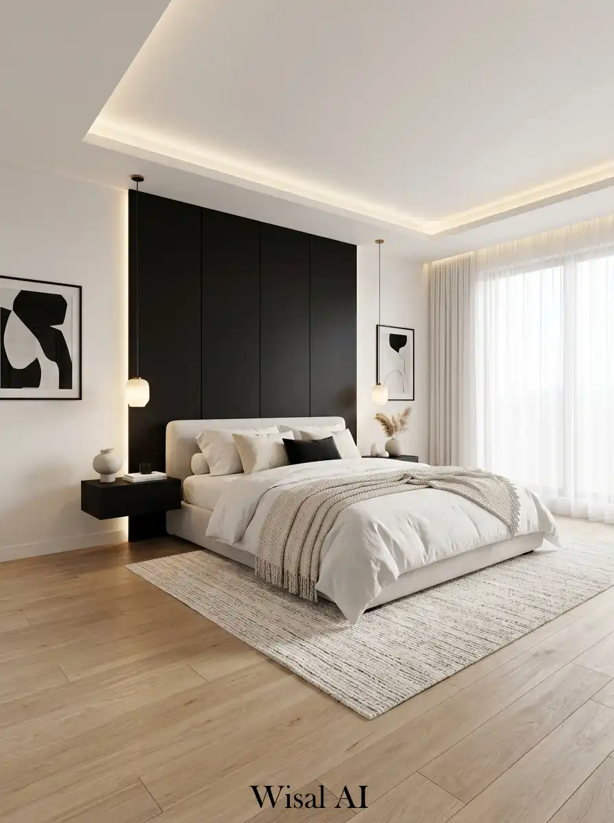 16. Minimal Black and White Bedroom with Soft Modern Layers