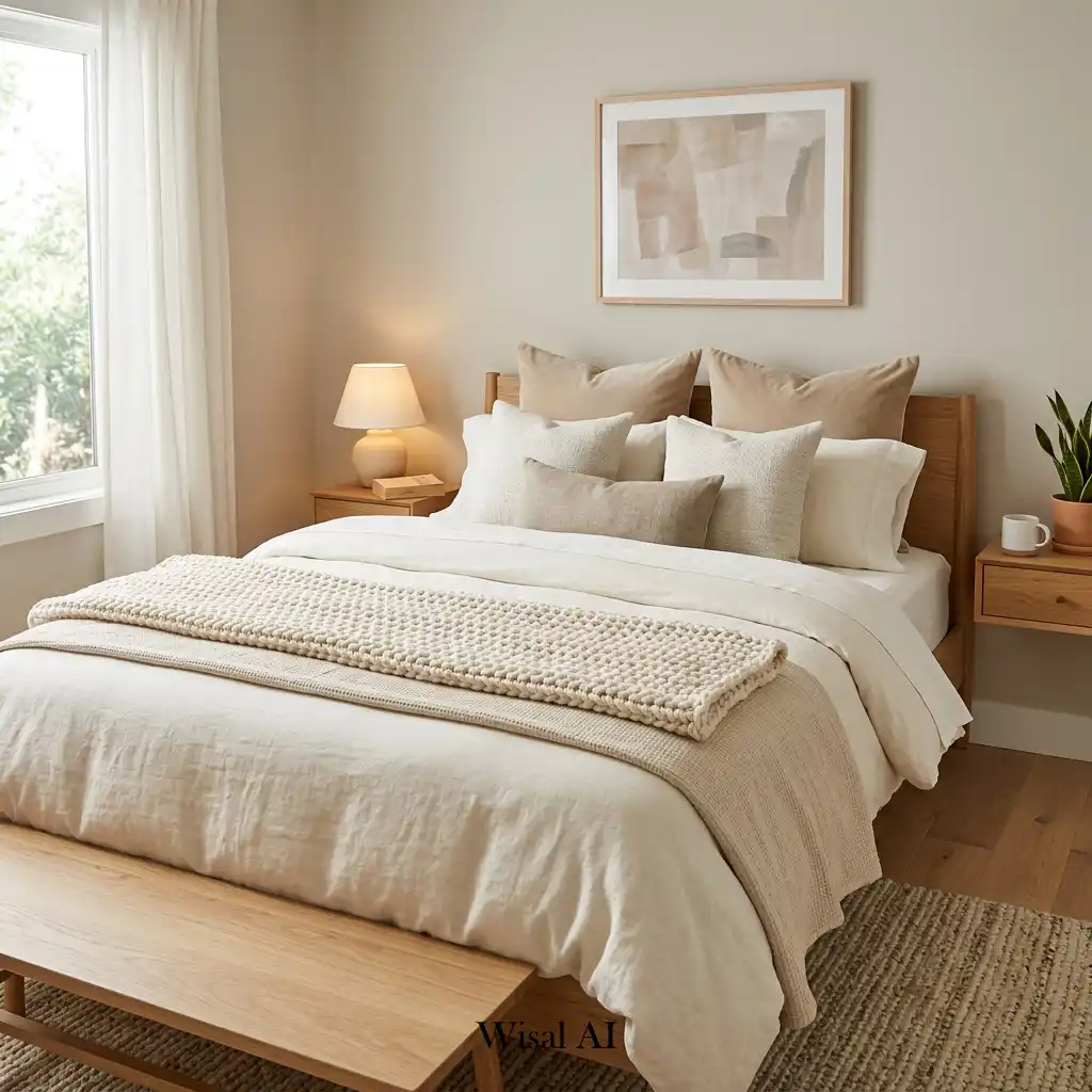 Modern cozy bedroom with layered neutral bedding and soft textures.