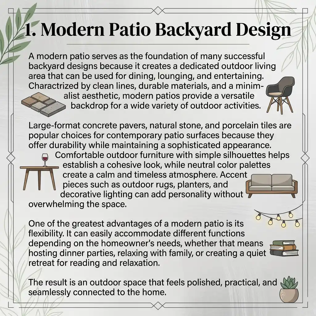 Modern backyard patio with clean lines, contemporary furniture, and stylish outdoor living space