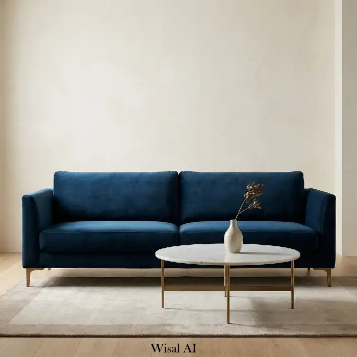 Moody blue velvet sofa living room with cream walls and warm ambient lighting