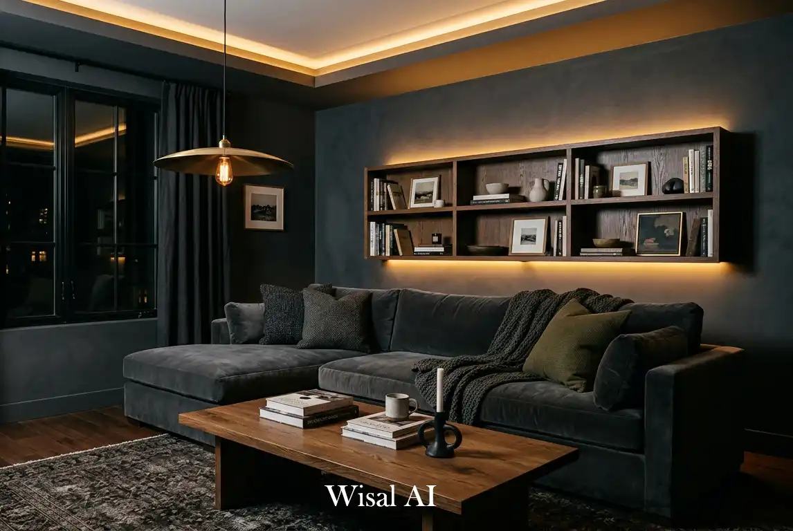 1. Moody Living Room with Dramatic Contrast Lighting