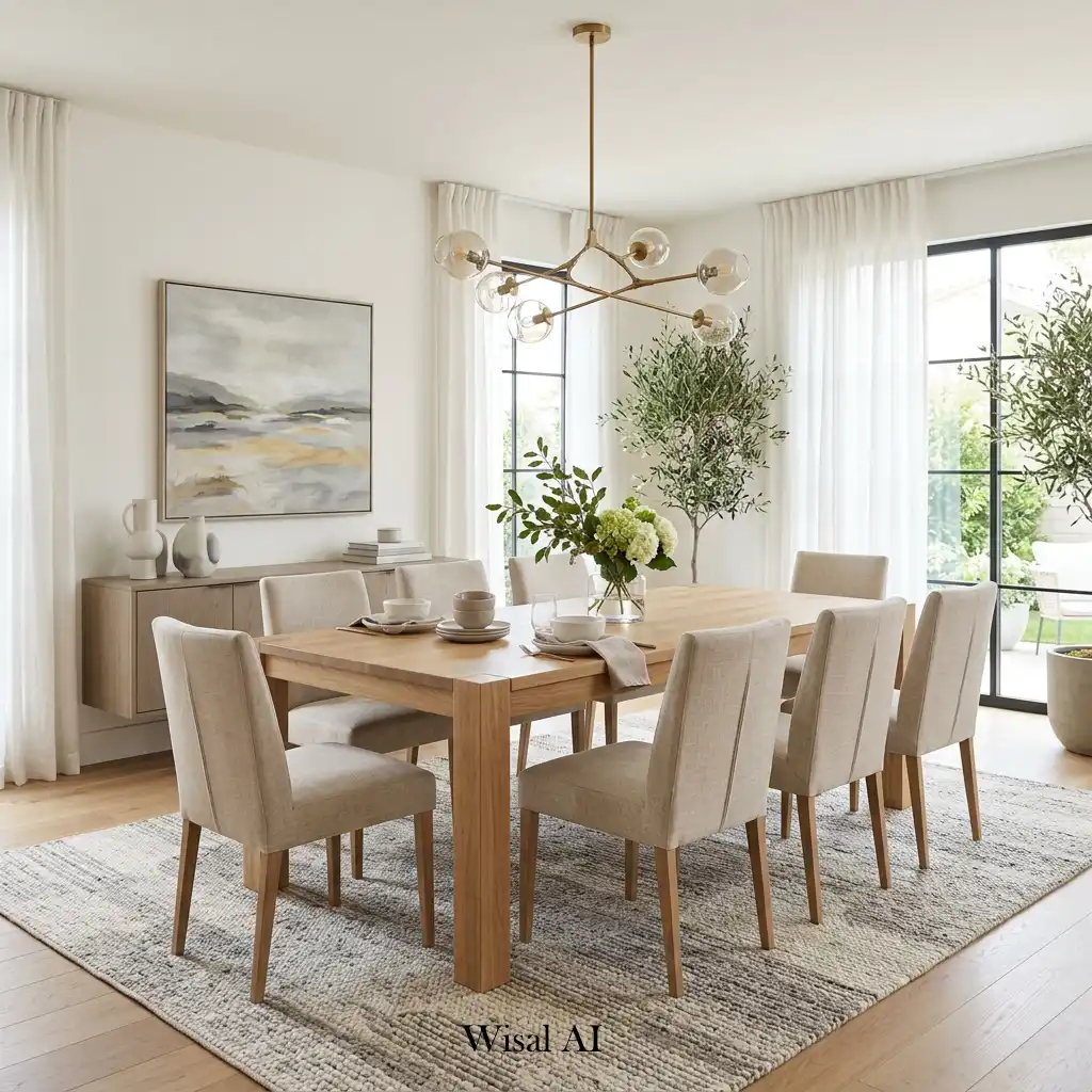 Modern neutral dining room with beige tones, elegant furniture, and soft natural lighting