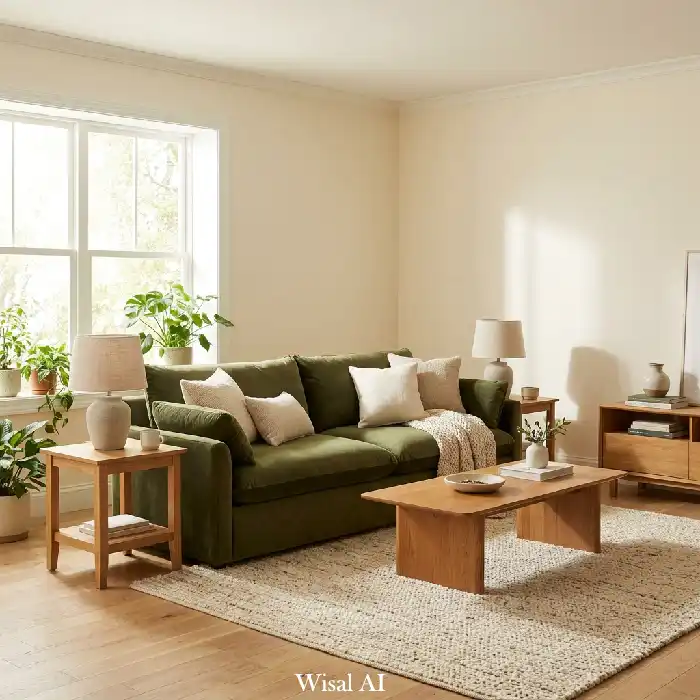 Olive green sofa living room with warm oak furniture, cream accents, and natural sunlight