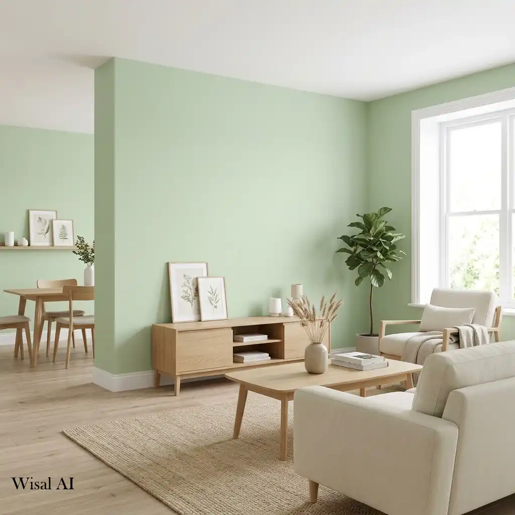 Soft pistachio green walls with modern cream furniture and natural oak accents.