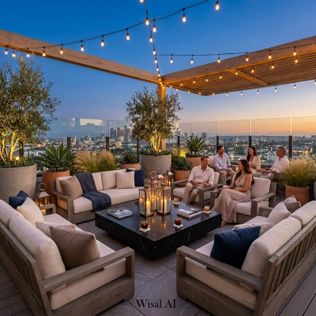 Luxury resort-style rooftop terrace with modern outdoor lounge seating and panoramic views