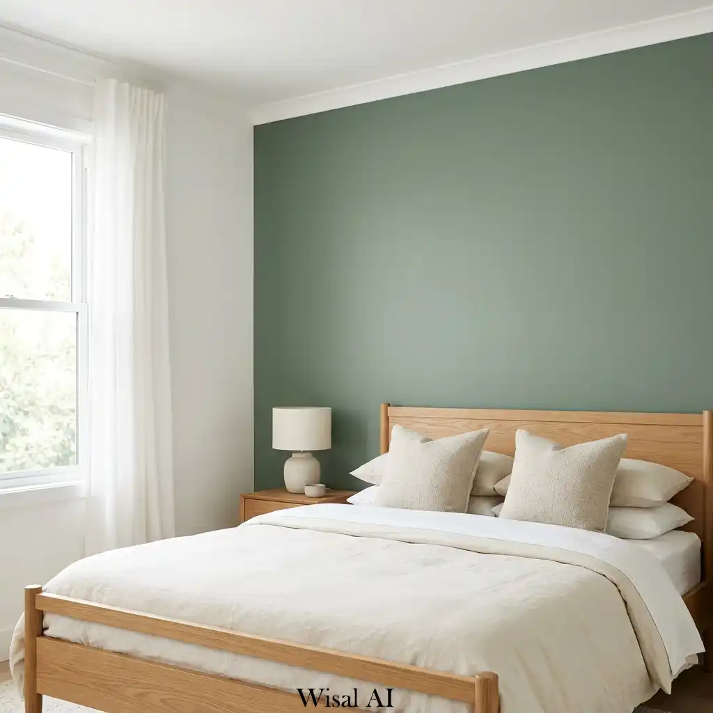 Modern bedroom with sage green accent wall behind the bed creating a calm and natural minimalist interior design