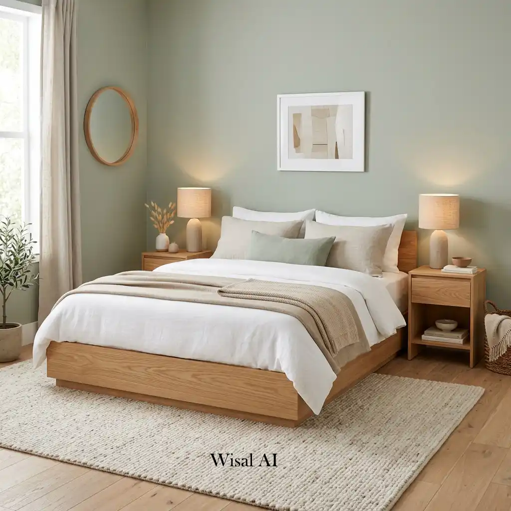 Sage green bedroom with a white oak platform bed and layered linen bedding.