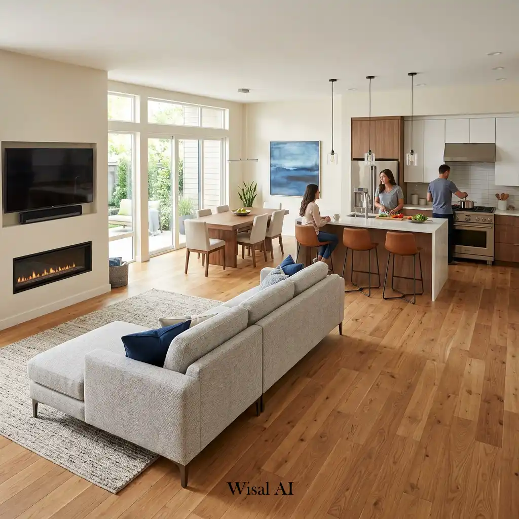 Modern open concept living room connected seamlessly to a stylish kitchen