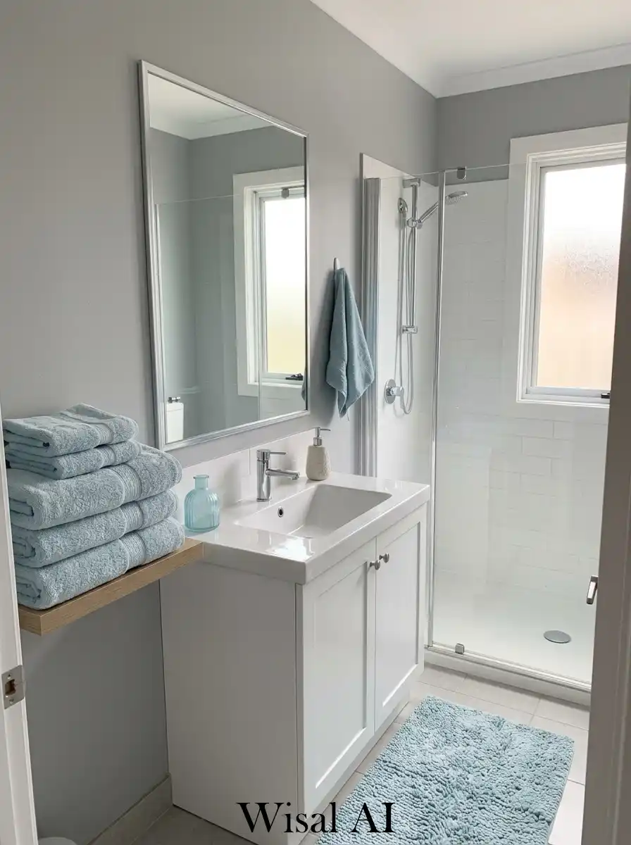 Grey and blue bathroom with soft neutral modern design