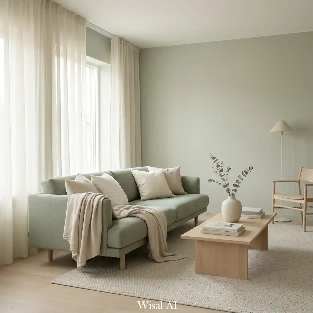 Minimal sage green living room with soft neutral tones, beige textiles, and airy natural lighting