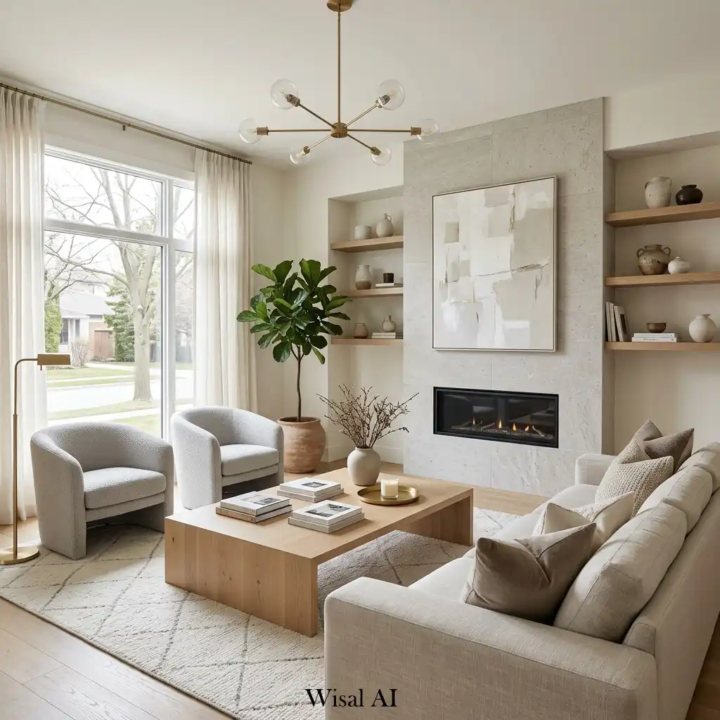 Minimal contemporary living room with soft neutral tones and calm elegant atmosphere