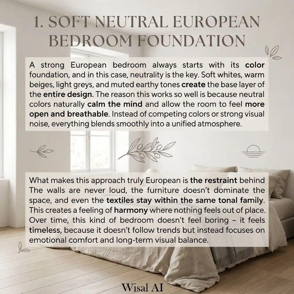 Minimal European bedroom with soft neutral color palette and calm warm tones