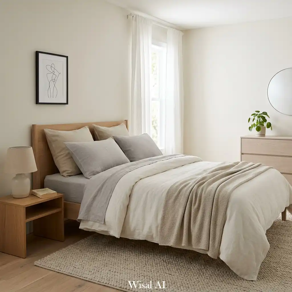 Minimal Scandinavian bedroom with soft neutral tones and layered linen bedding