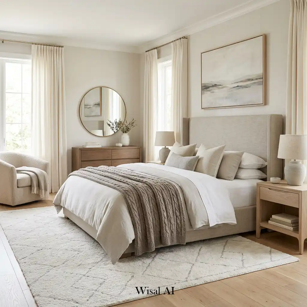 Luxury master bedroom with soft neutral colors and elegant layered textures