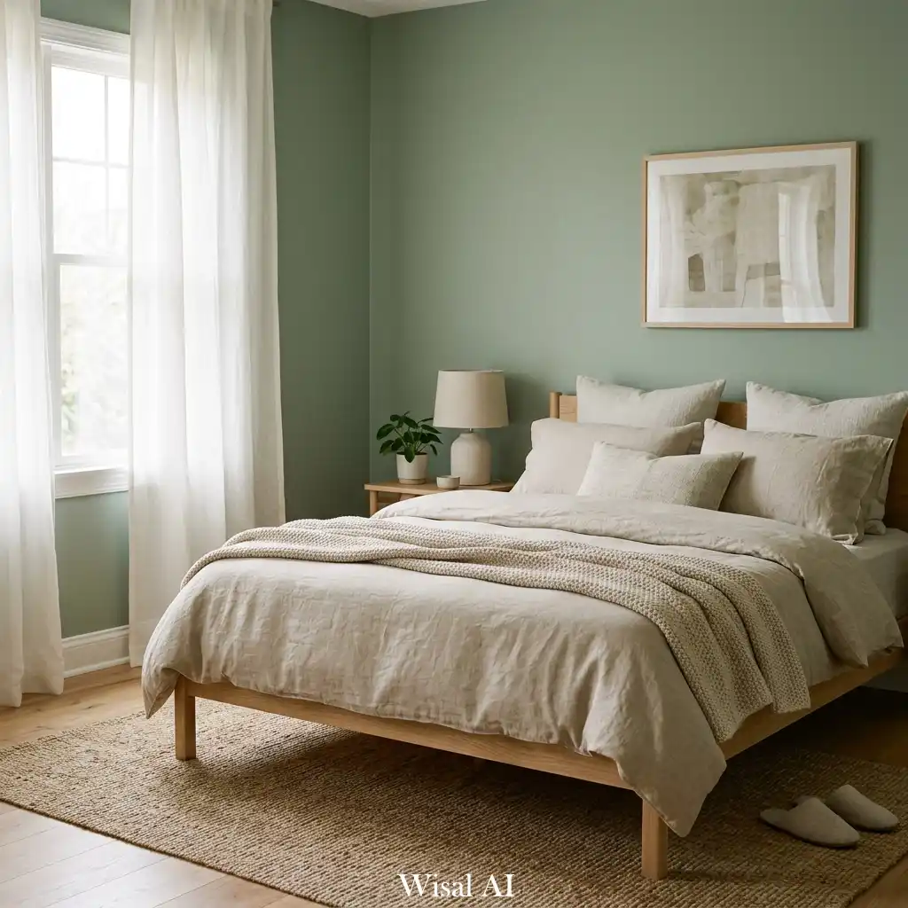 Sage green bedroom with beige linen bedding, soft natural lighting, and minimalist cozy design