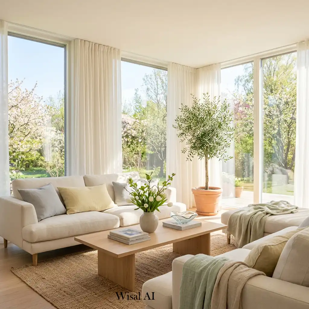 Bright spring living room with large windows and natural daylight.
