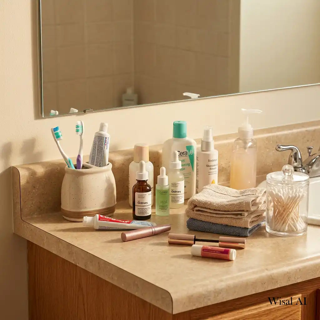 Clean bathroom countertop completely cleared before styling with organized everyday essentials.