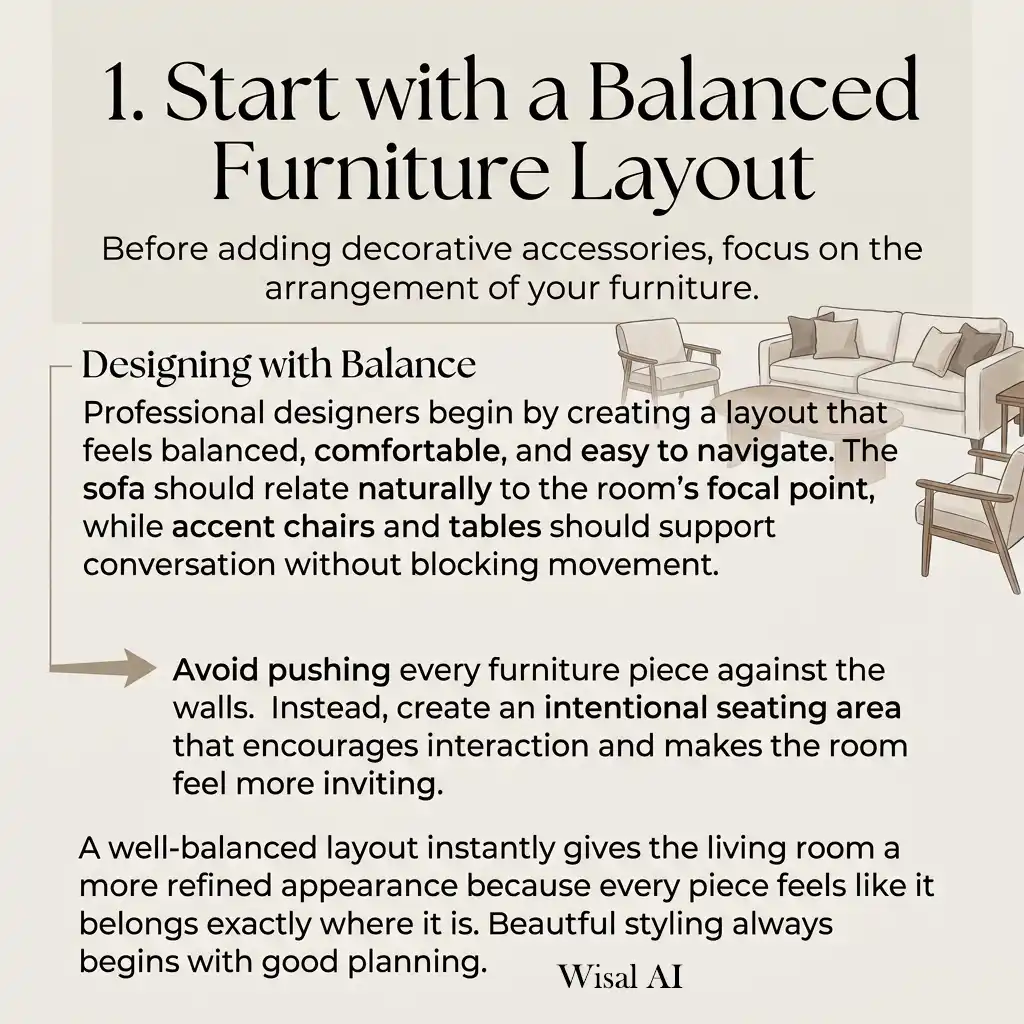 Designer living room with a balanced furniture layout and elegant neutral décor.