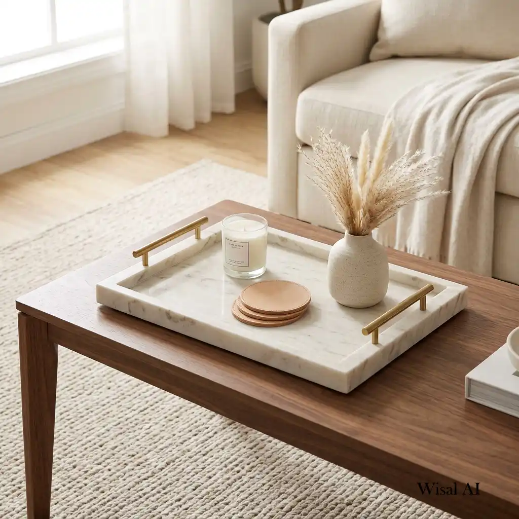 Luxury coffee table styled with a marble tray, candles, and designer books.