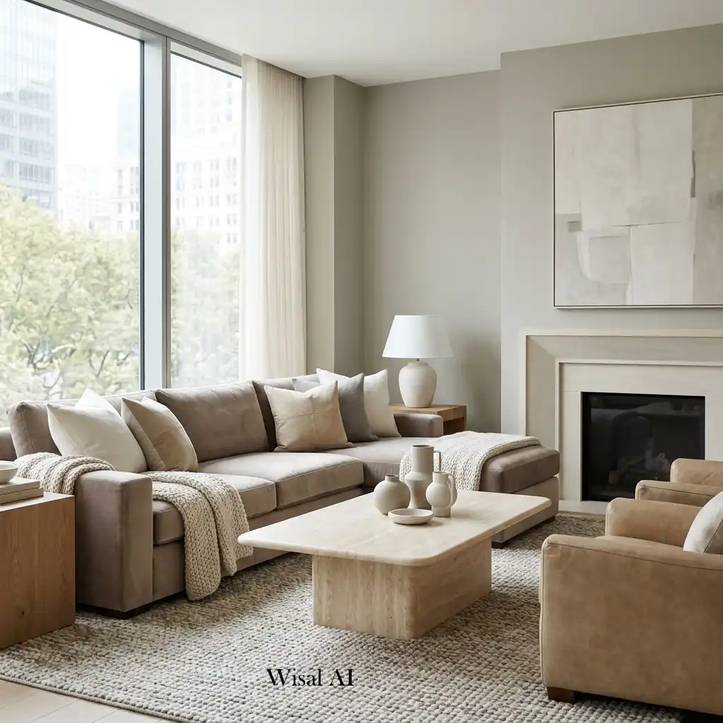 Luxury living room with a soft neutral color palette and elegant modern furniture.