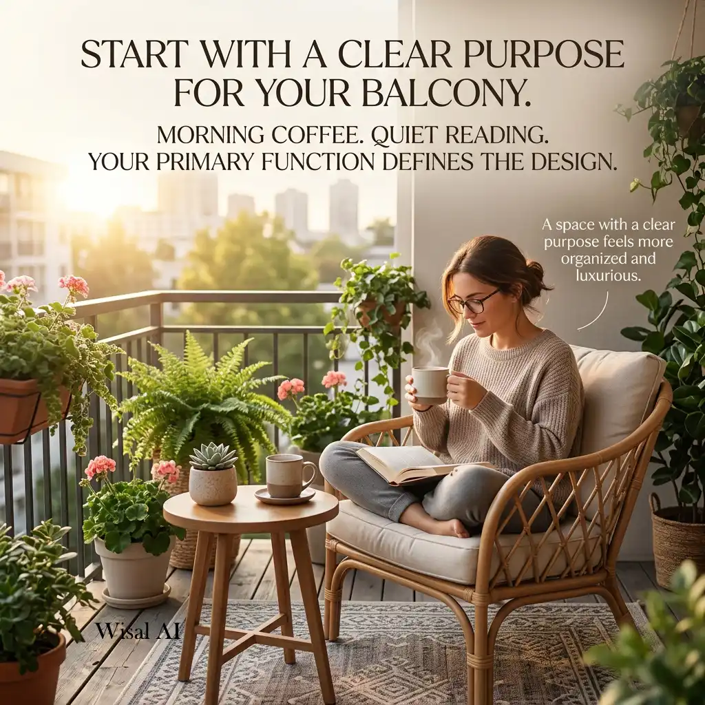 Small balcony with a cozy seating area designed for everyday outdoor relaxation.