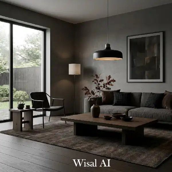 Dark Japandi living room with minimal furniture and soft lighting