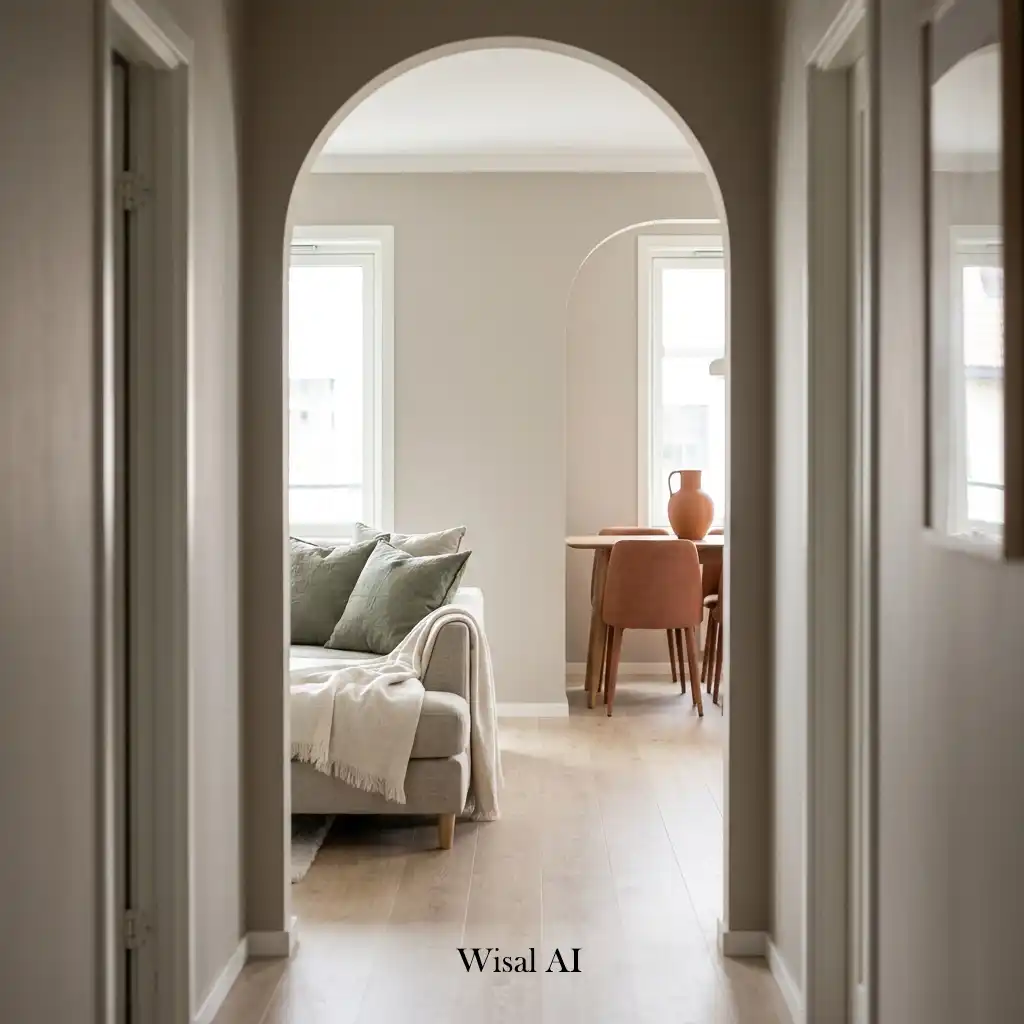 Modern home featuring a cohesive neutral color palette flowing seamlessly between every room.