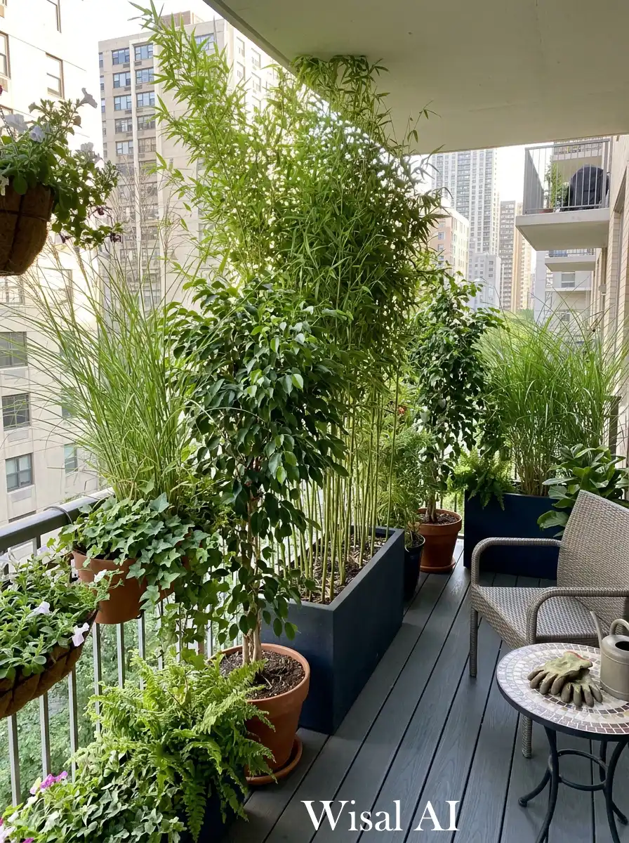 Tall plants creating natural balcony privacy wall