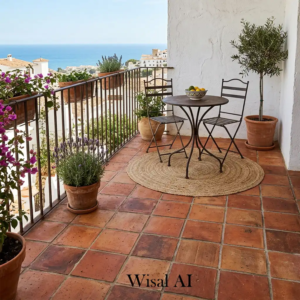 Terracotta tile balcony flooring with warm Mediterranean outdoor style