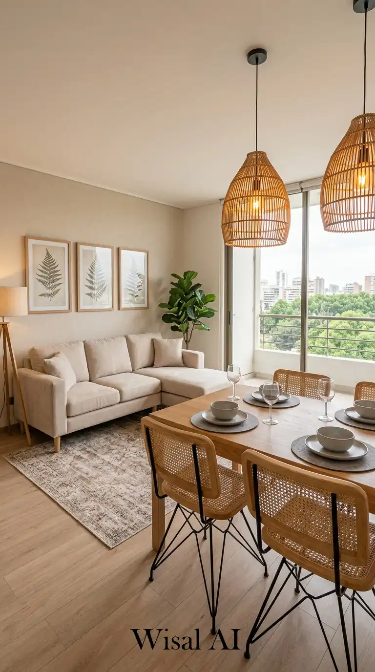 1. The Airy and Artful Urban Small Living Room with Dining Table