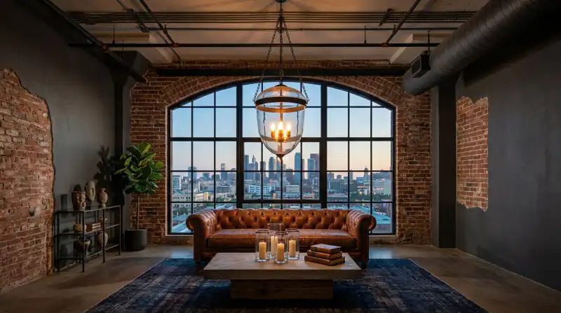 11. The Heritage Loft: A Masterclass in Exposed Architecture (Moody Industrial Living Room Idea)