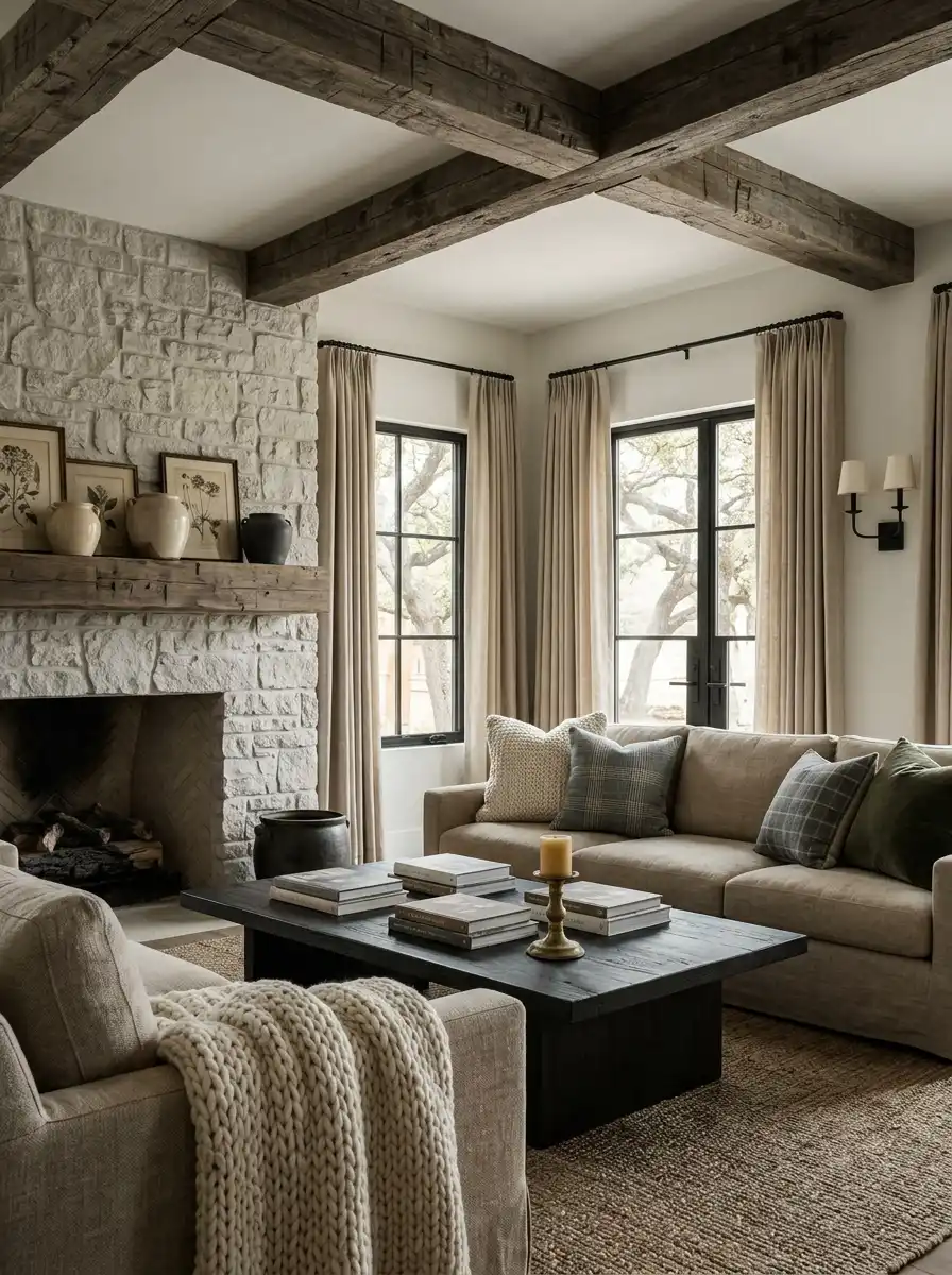 21. Rustic Retreat with Limestone Feature Farmhouse Living Room Idea