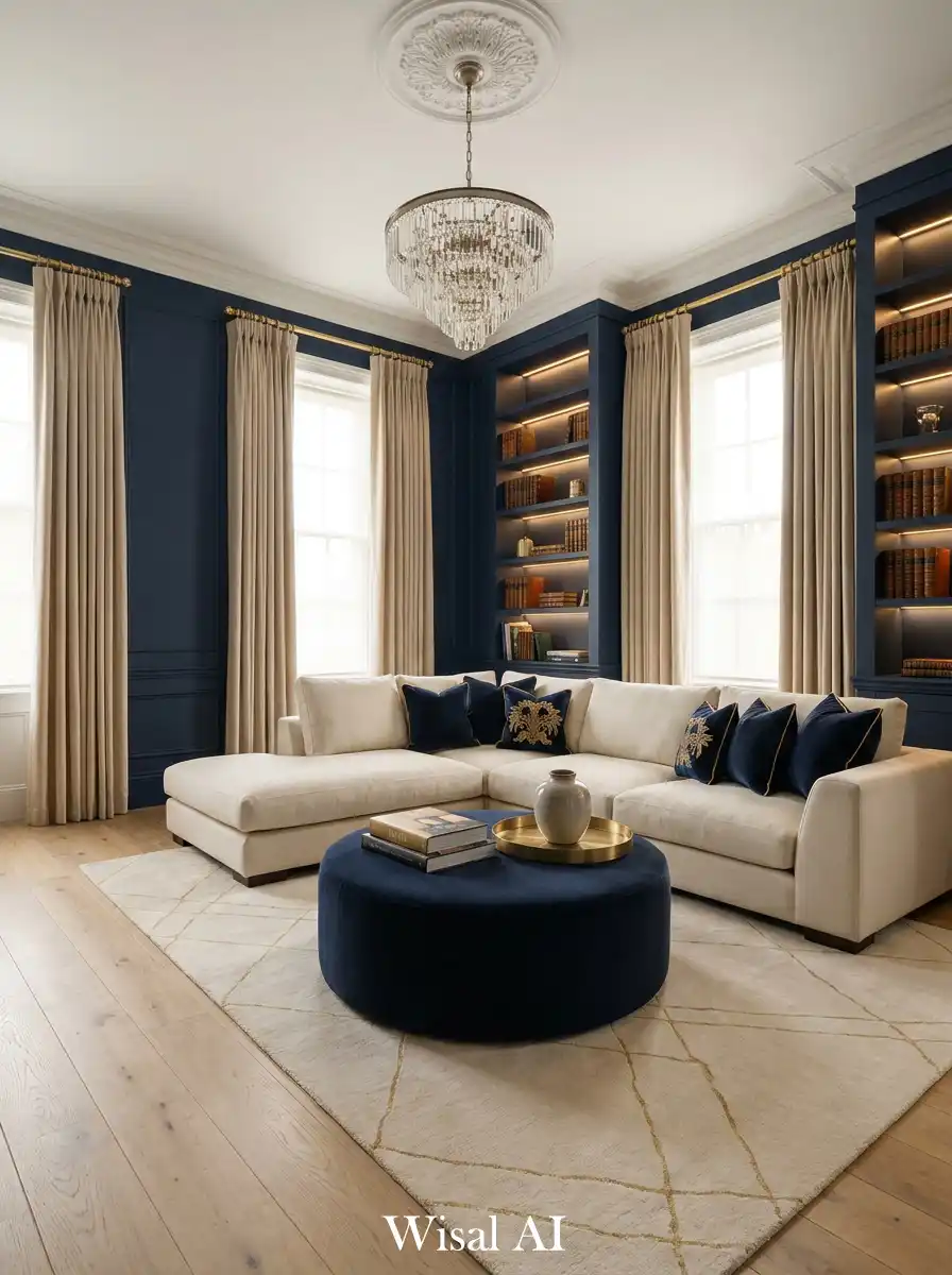 11. The Regal Monolith: A Navy Blue and White Living Room