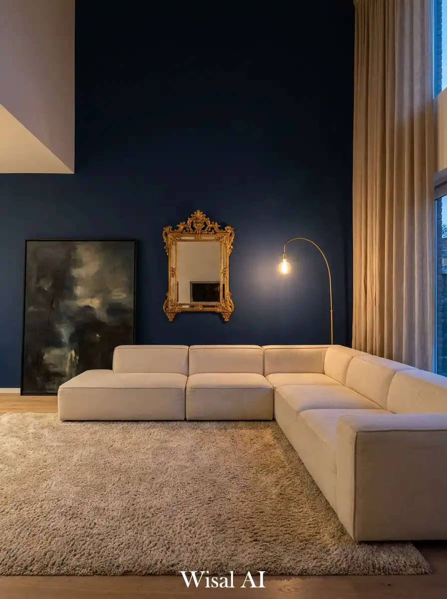 1. The Sculptural Sanctuary: Navy Blue and White Living Room
