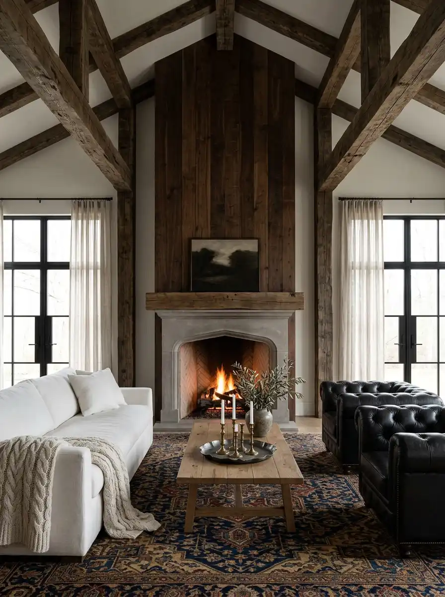 11. The Timeless Heritage Hearth: A Grand Farmhouse Living Room Idea
