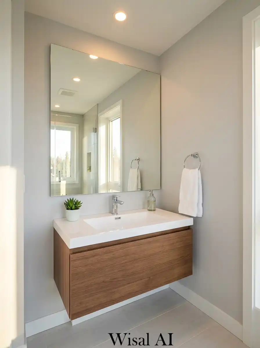Large mirror expands small modern bathroom space