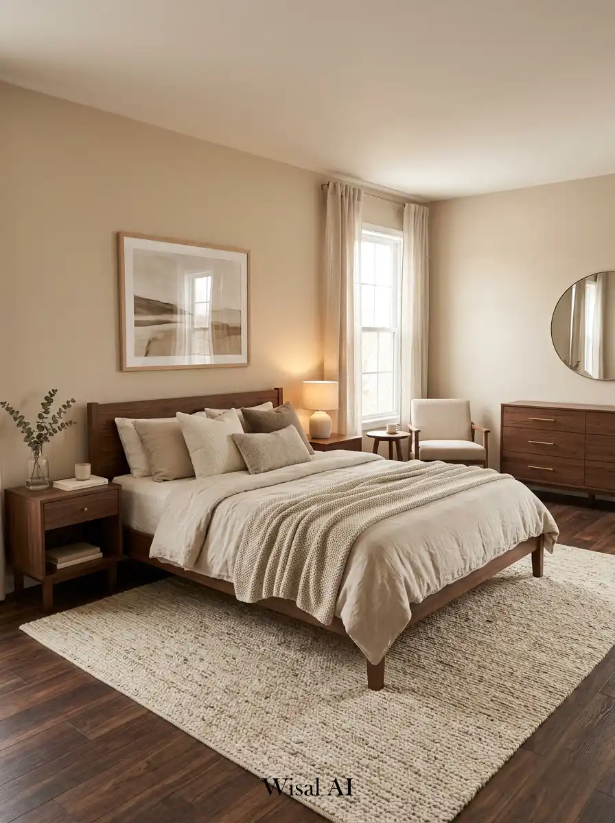 A modern bedroom featuring warm beige walls combined with walnut wood furniture creating a luxurious balanced and calming interior atmosphere.