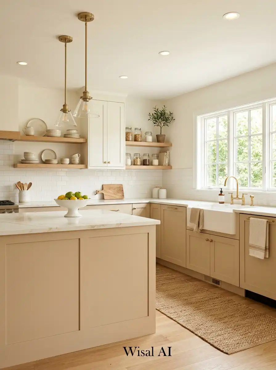 Modern kitchen with warm beige cabinets and soft white accents creating a calm neutral luxury space.