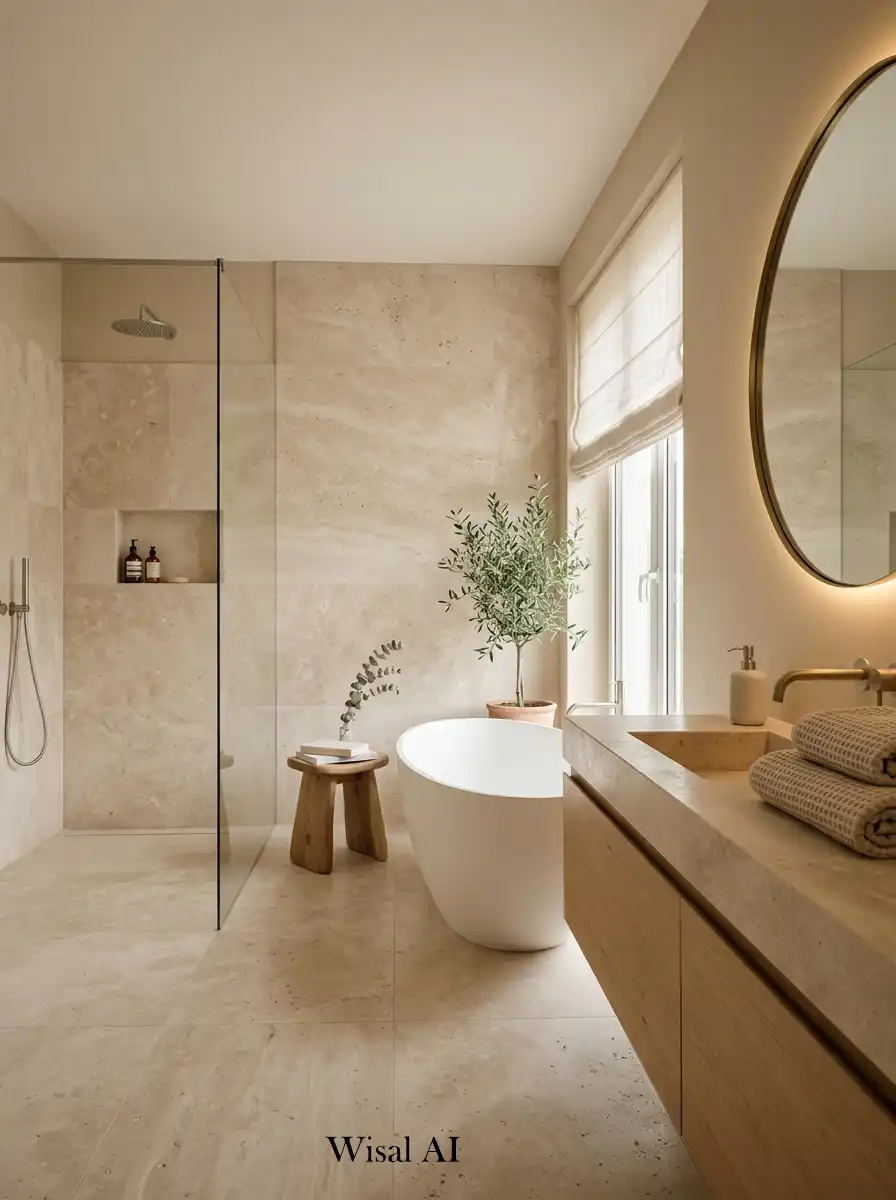 Luxury spa-inspired bathroom with warm beige tones travertine stone textures and calming minimalist interior design details.